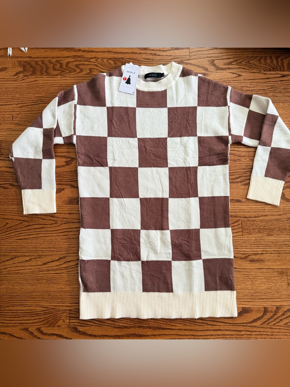Zesica Brown & Cream Check Knit Crew Neck Long Sleeve Pullover Sweater/Dress L